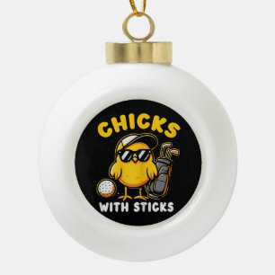 Kuikens met stokken Golfer Meisje Vrouw Golf Club Keramische Bal Ornament