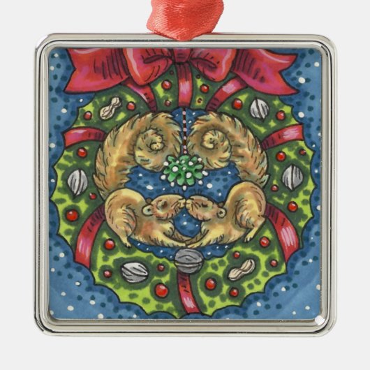 KUILTE KISSENDE SQUIRRELS ONDER MISTLETOE, NUT WRE METALEN ORNAMENT (Voorkant)