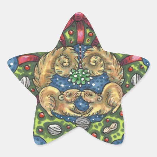 KUILTE KISSENDE SQUIRRELS ONDER MISTLETOE, NUT WRE STER STICKER (Voorkant)