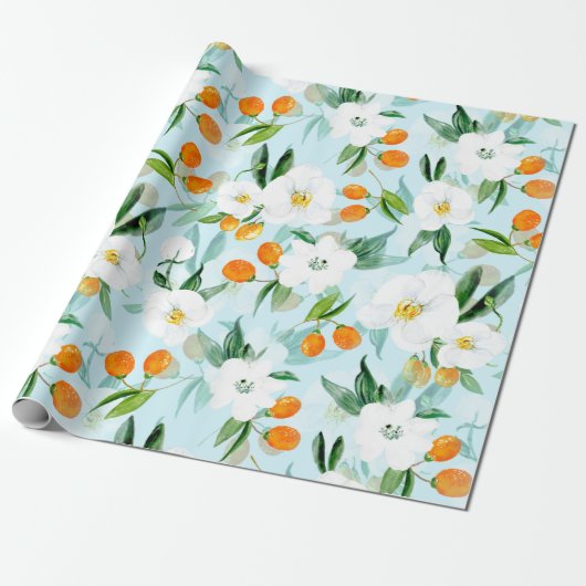Kumquat Orchid Summer Fruit Pattern on Blauwgroen Cadeaupapier (Uitgerold)