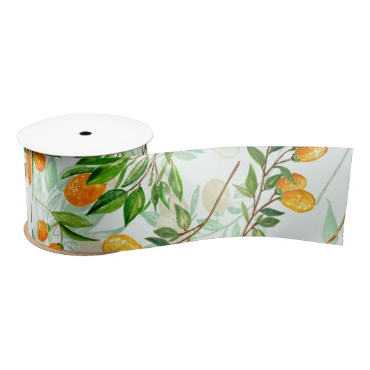Kumquat Tropical Summer Fruit Pattern on Mint Satijnen Lint (Spoel)