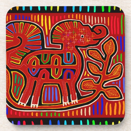 Kuna Indian Baby Elephant - Mola Folk Art Bier Onderzetter (Voorkant)