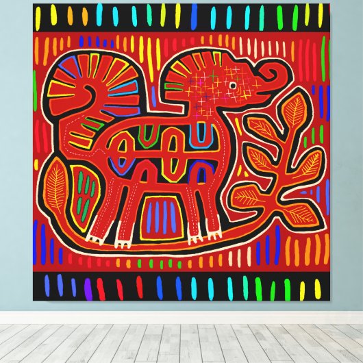 Kuna Indian Baby Elephant - Mola Folk Art Canvas Afdruk (Insitu (Houten vloer))