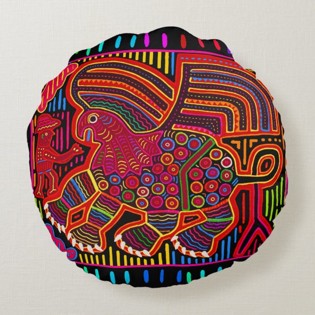 Kuna Indian Friendly Dragon Mola Rond Kussen (Achterkant)