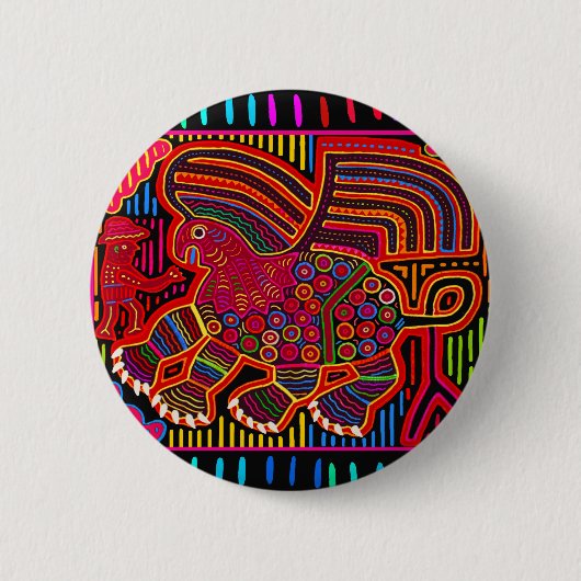 Kuna Indian Friendly Dragon Mola Ronde Button 5,7 Cm (Voorkant)