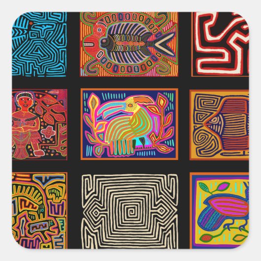 Kuna Indian Mola Collage Vierkante Sticker (Voorkant)