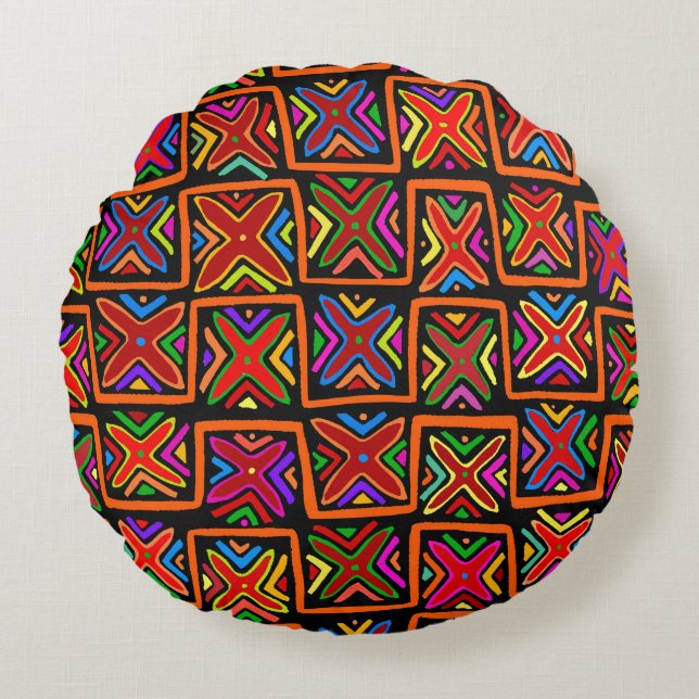 Kuna Indian Mola Tribal Checks - Red Rond Kussen (Voorkant)