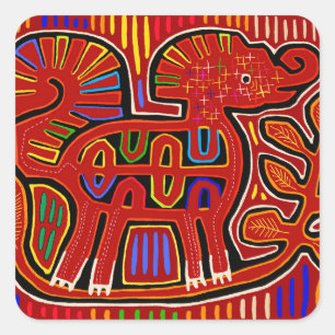 Kuna Indische Baby Olifant - Mola Folk Art Vierkante Sticker