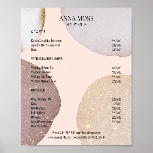 Kundenspezifischer Rosegold Glitter Preisliste Poster (Voorkant)