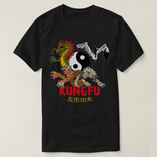 Kung Fu 5 Animals Vormen Tiger Crane Leopard Snake T-shirt (Design voorkant)