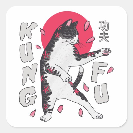 Kung Fu Cat Vierkante Sticker (Voorkant)