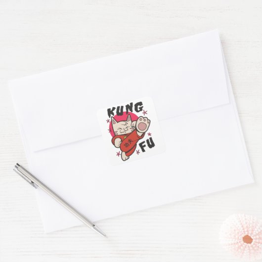 Kung Fu Cat Vierkante Sticker (Envelop)