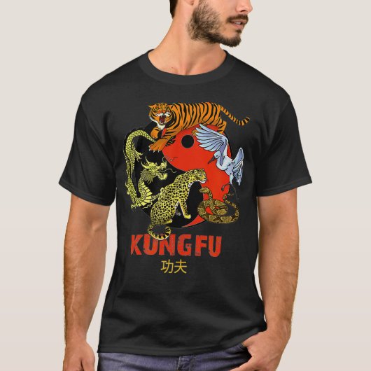 Kung Fu Five Animals vormt Chinese krijgskunst T-shirt (Voorkant)