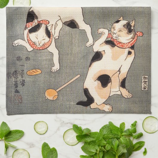 Kuniyoshi Vier katten Theedoek (Gevouwen)