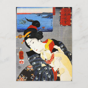 Kuniyoshi Woman met een Briefkaart van een kat