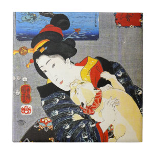 Kuniyoshi Woman met een katteband Tegeltje