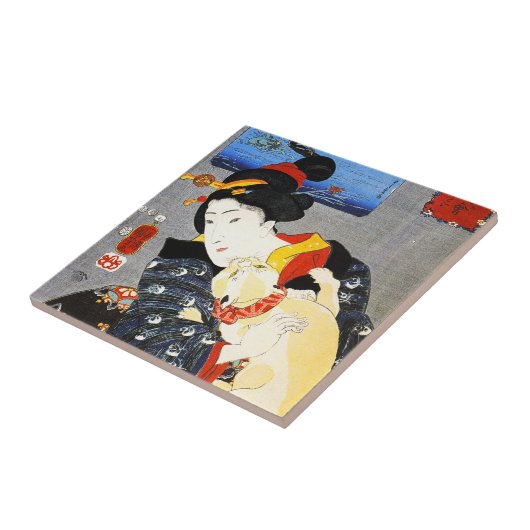 Kuniyoshi Woman met een katteband Tegeltje (Zijkant)