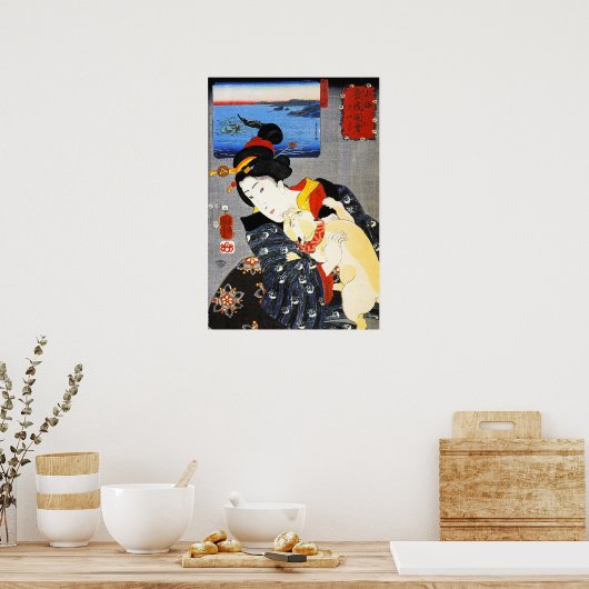 Kuniyoshi Woman met een Poster van een kat (Keuken)