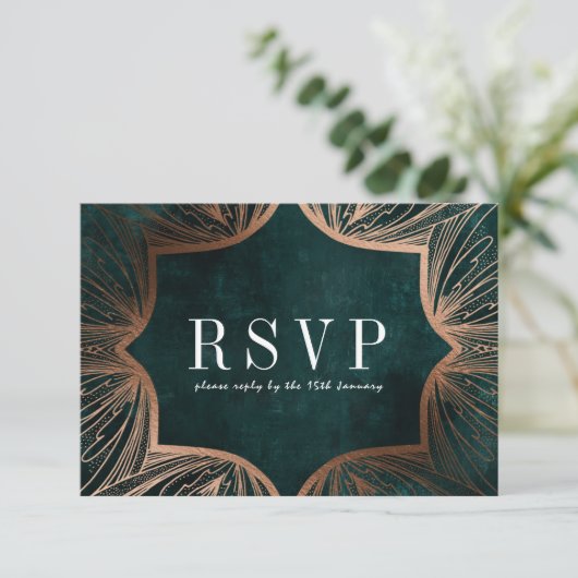 Kunst Art Nouveau namaak gouden Trouw RSVP kaart, (Staand voorkant)