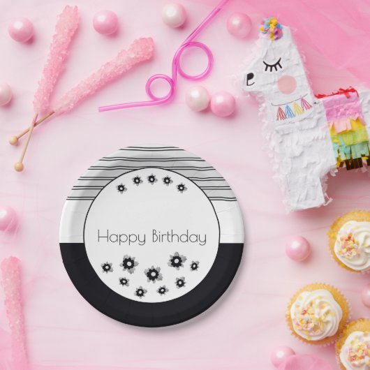 Kunst Bloemen en Streep Papieren Bordje (Feest)