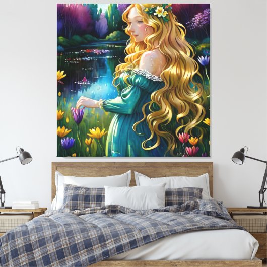 *~ Kunst Blond Wilde Bloemen Vrouw Vijver AP56 Canvas Afdruk (Insitu (Slaapkamer))