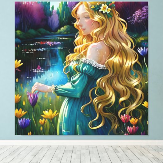 *~ Kunst Blond Wilde Bloemen Vrouw Vijver AP56 Canvas Afdruk (Insitu (Houten vloer))