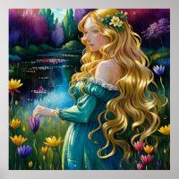*~ Kunst Blondine Vrouw Bloemen Vrouw Vijver AP56