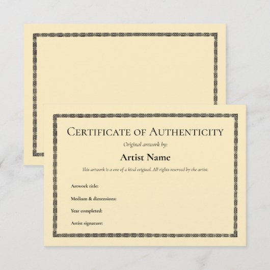 kunst certificaat van echtheid bedankkaart (Voorkant / Achterkant)