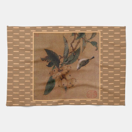 kunst Chinees zilveroog vogel en loquats Theedoek (Horizontaal)