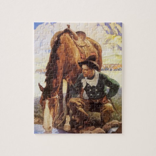 kunst, cowboy die zijn paard door NC Wyeth kijkt Legpuzzel (Verticaal)