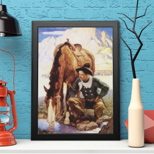 kunst, cowboy die zijn paard door NC Wyeth kijkt Poster