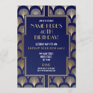 Kunst Deco Birthday Gatsby Party Navy & Gold uit 1 Kaart