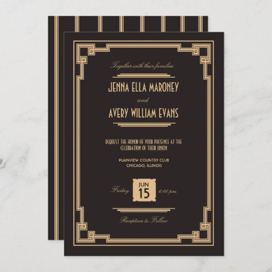 Kunst Deco Black en Gold Wedding Uitnodiging (Voorkant / Achterkant)