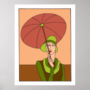 Kunst deco dames mode, rode versie 1920 jaren '30 poster