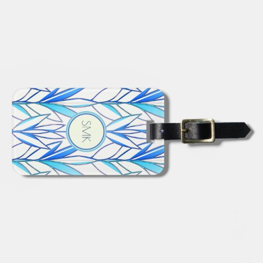 Kunst Deco Elegant blauw blad Bagagelabel (Voorkant horizontaal)