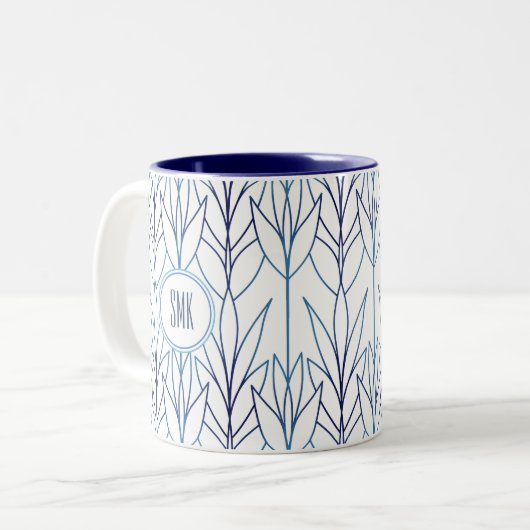 Kunst Deco Elegant blauw blad Tweekleurige Koffiemok (Voorkant links)