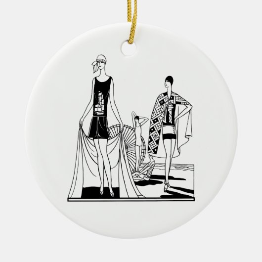  Kunst Deco Fashionable Dames in het strand Keramisch Ornament (Voorkant)