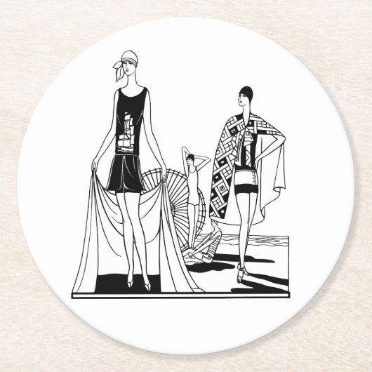  Kunst Deco Fashionable Dames in het strand Ronde Kartonnen Onderzetter (Voorkant)