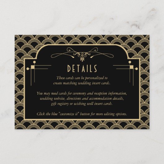 Kunst Deco Gatsby Wedding Detail van de   van 1920 Informatiekaartje (Voorkant)