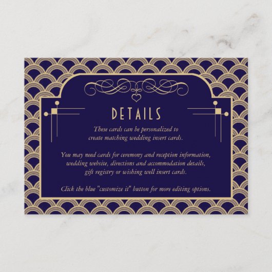 Kunst Deco Gatsby Wedding Detail van de   van 1920 Informatiekaartje (Voorkant)