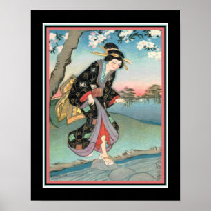 Kunst Deco "Geisha die een stroom oversteekt" van  Poster