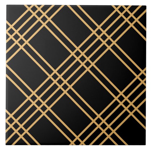 Kunst Deco Golden Crossed Stripes op zwarte Tegel Tegeltje (Voorkant)