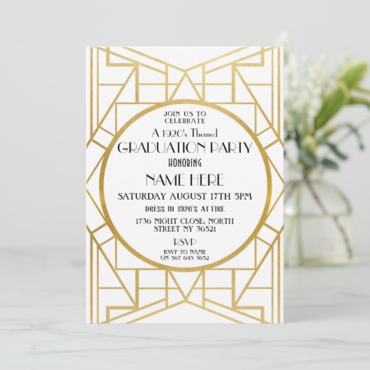 Kunst Deco Graduation Party Gatsby Gold Invite uit Kaart (Staand voorkant)