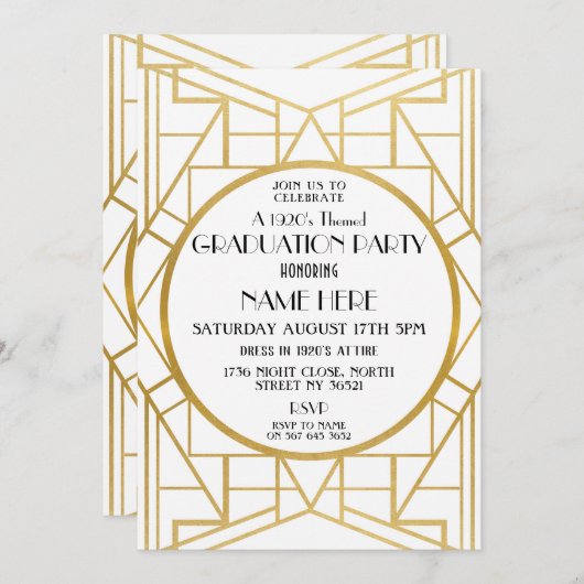 Kunst Deco Graduation Party Gatsby Gold Invite uit Kaart (Voorkant / Achterkant)
