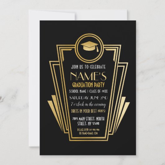Kunst Deco Graduation Party Gold Invite Gatsby uit Kaart (Voorkant)