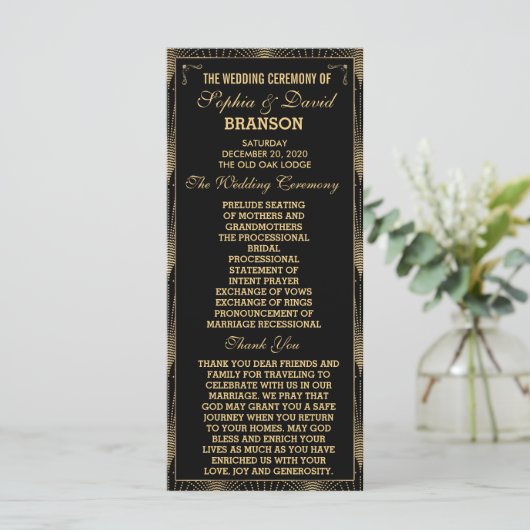 Kunst Deco Great Gatsby Wedding Programme voor het Programmakaart (Staand voorkant)