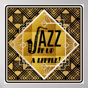 Kunst deco jazz saxophone zwarte goudmuziek poster