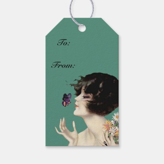 Kunst Deco Lady Butterfly bloemen Cadeaulabel (Voorkant)