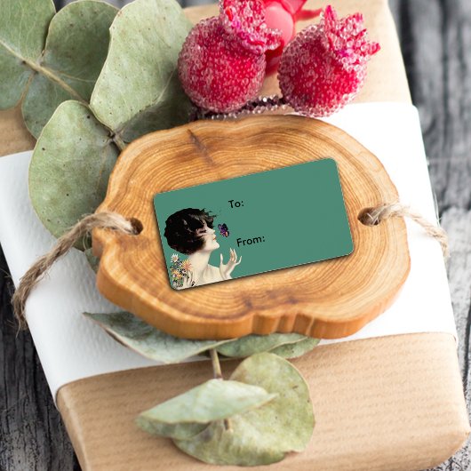 Kunst Deco Lady Butterfly bloemen Etiket