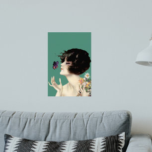  Kunst Deco Lady Butterfly  bloemen Poster